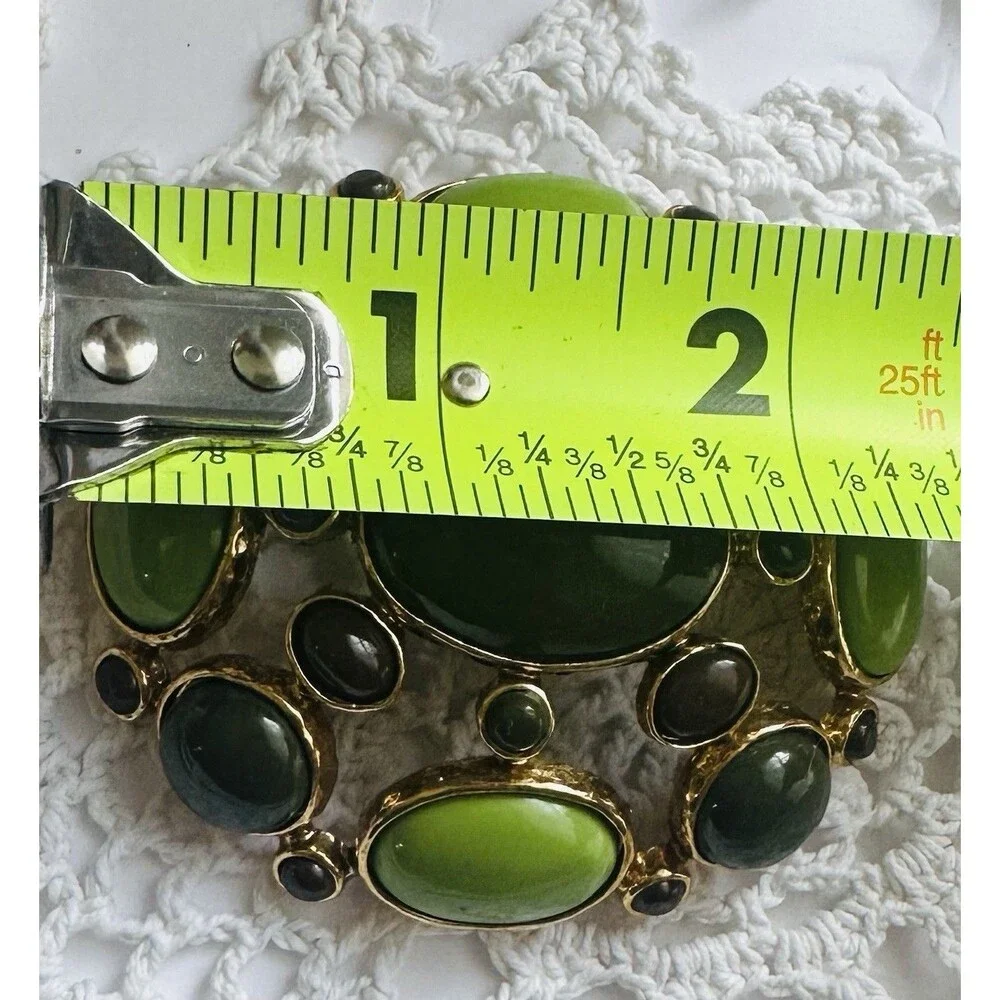 Vintage Mod Green Brown Cabochon Gold Tone Brooch Pin Statement